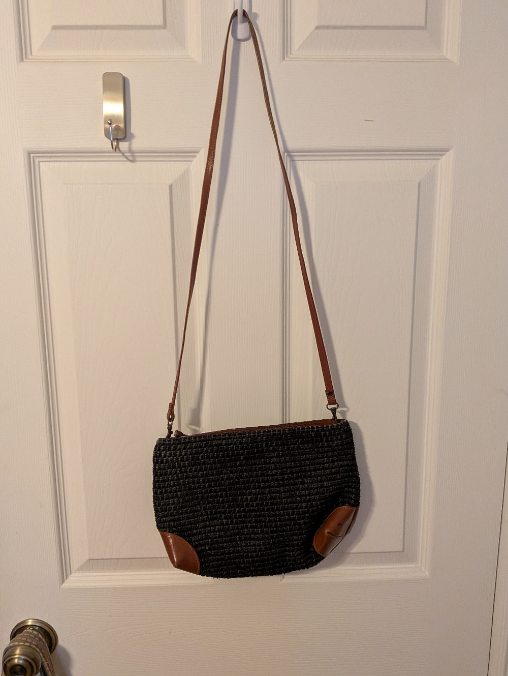 Italian Leather Black Woven Crossbody Bag with Brown Trim - Women's Shoulder Bag